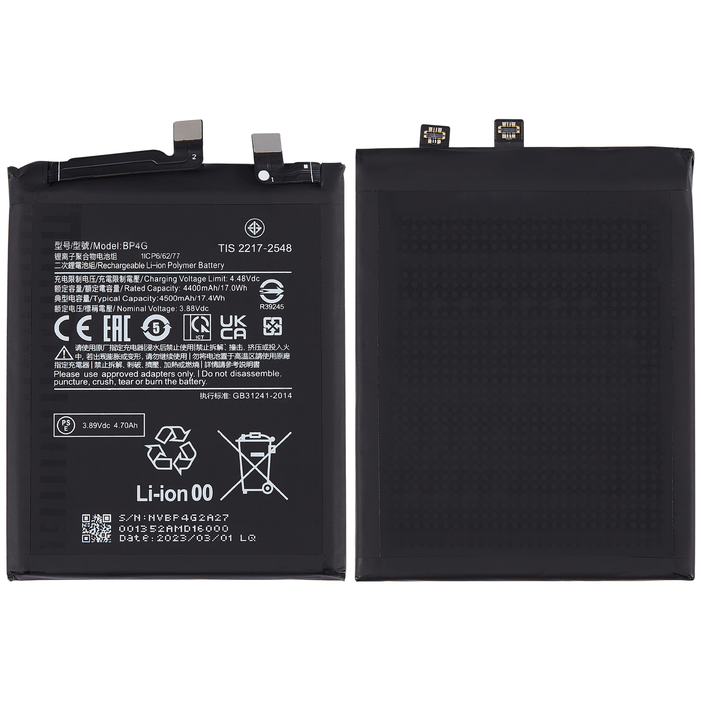 Batterie pour Xiaomi 13. Batterie de remplacement BP4G, 4500 mAh 3,88 V. Épouser