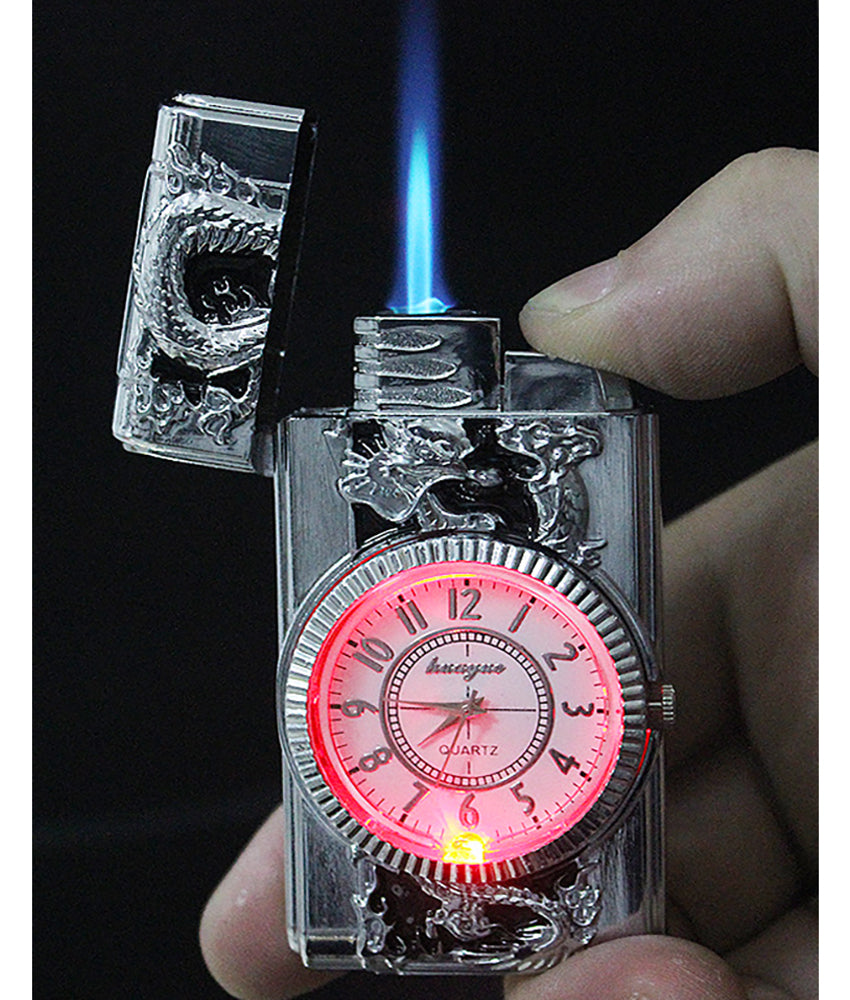 Luxus Gas Feuerzeug mit Uhr. Drache - Fantasy Style. LED Beleuchtung.