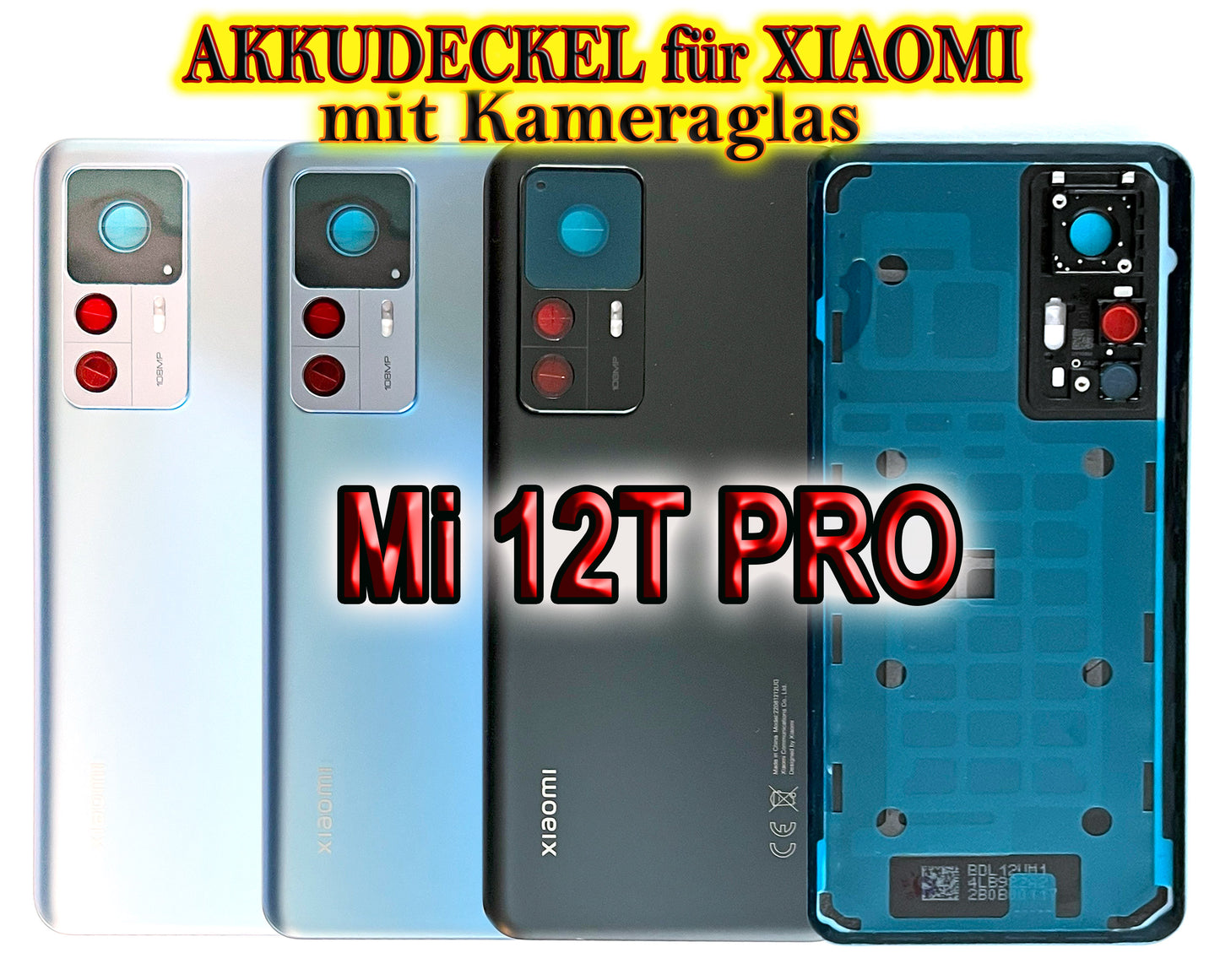 Akkudeckel für Xiaomi Mi 12T Pro mit Kameraglas. Backcover, Rückseite, Akkufachdeckel. Mi12TPro in grau, schwarz, blau, weiß.