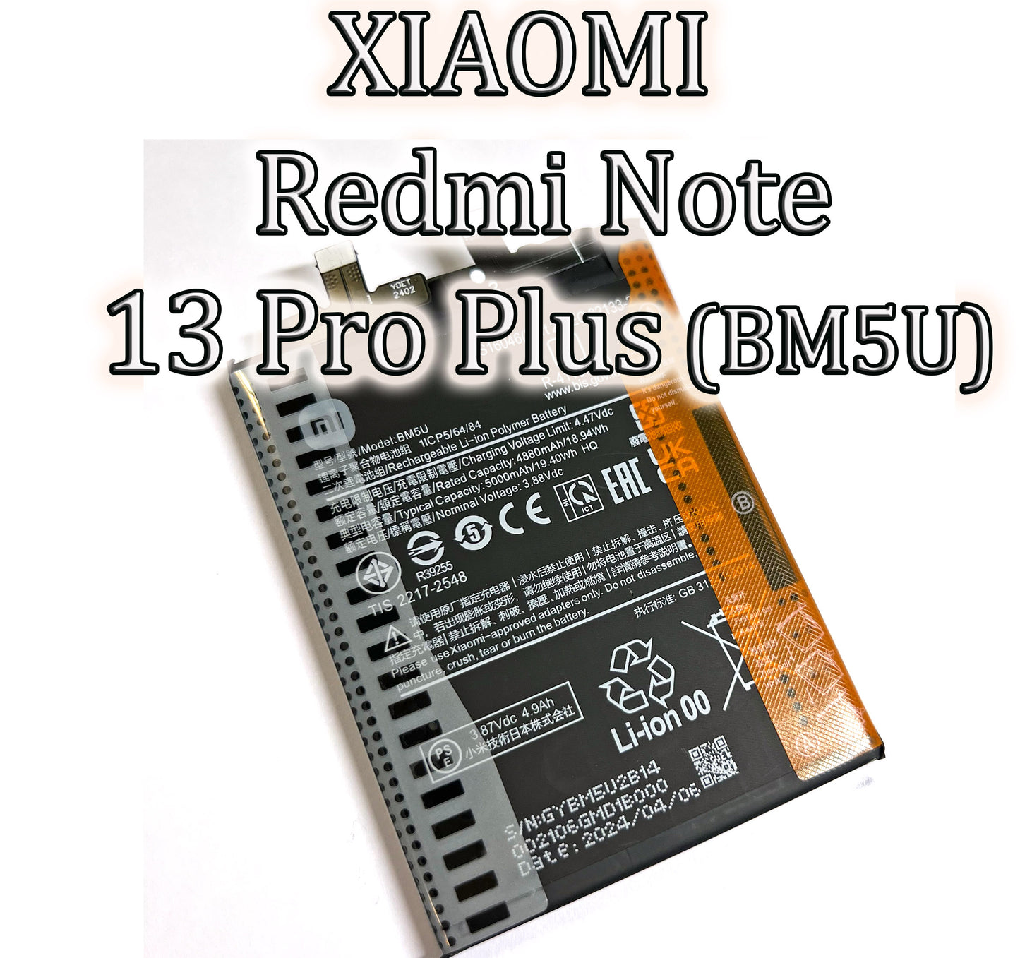 Akku für Xiaomi Redmi Note 13 Pro Plus. BM5U Ersatz Batterie, 5000mAh 3.88V +